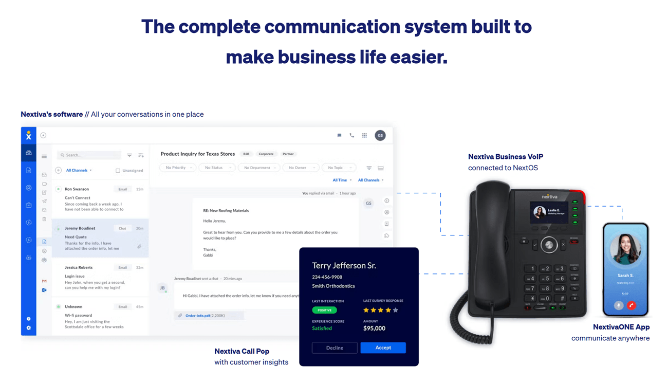 Nextiva's desktop and mobile apps with call pop plus a standard desk phone with caller details on the screen. 