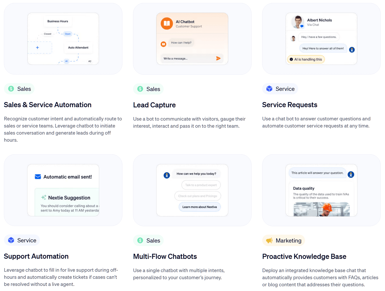 Nextiva's website showing different ways to automate, including sales and service, lead capture, service requests, support,  multi-flow chatbots, and a proactive knowledge base. 